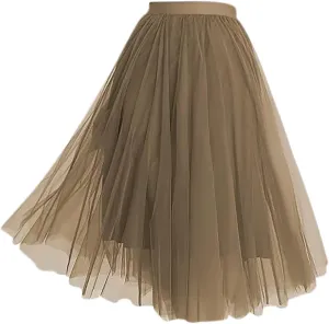Tulle Midi Skirts for Women 2025 Summer Elastic High Waisted Swing A-Line Tiered Pleated Skirt