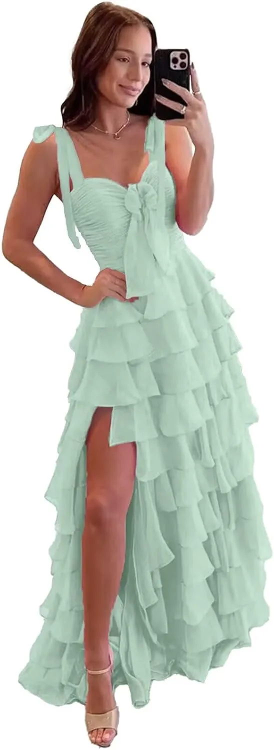 V Neck Tiered Chiffon Prom Dress for Teens Ruffle Prom Dresses for Women Women's A Line Formal Evening Gowns with Slit