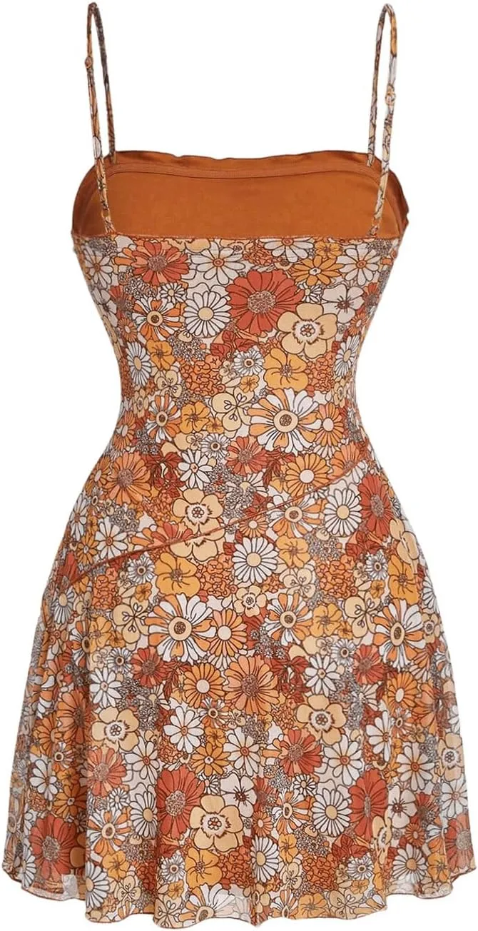 Verdusa Women's Floral 70s Mesh Ruffle Vintage A Line Flared Sundress Sleeveless Cami Short Dress