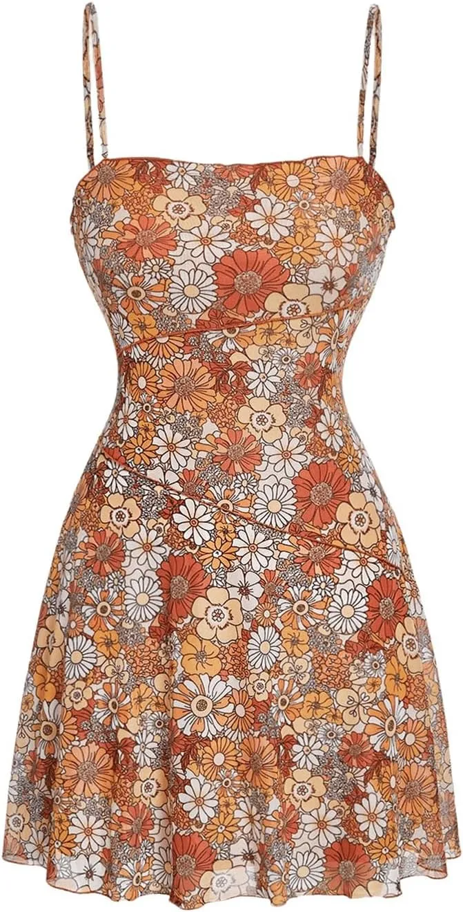 Verdusa Women's Floral 70s Mesh Ruffle Vintage A Line Flared Sundress Sleeveless Cami Short Dress