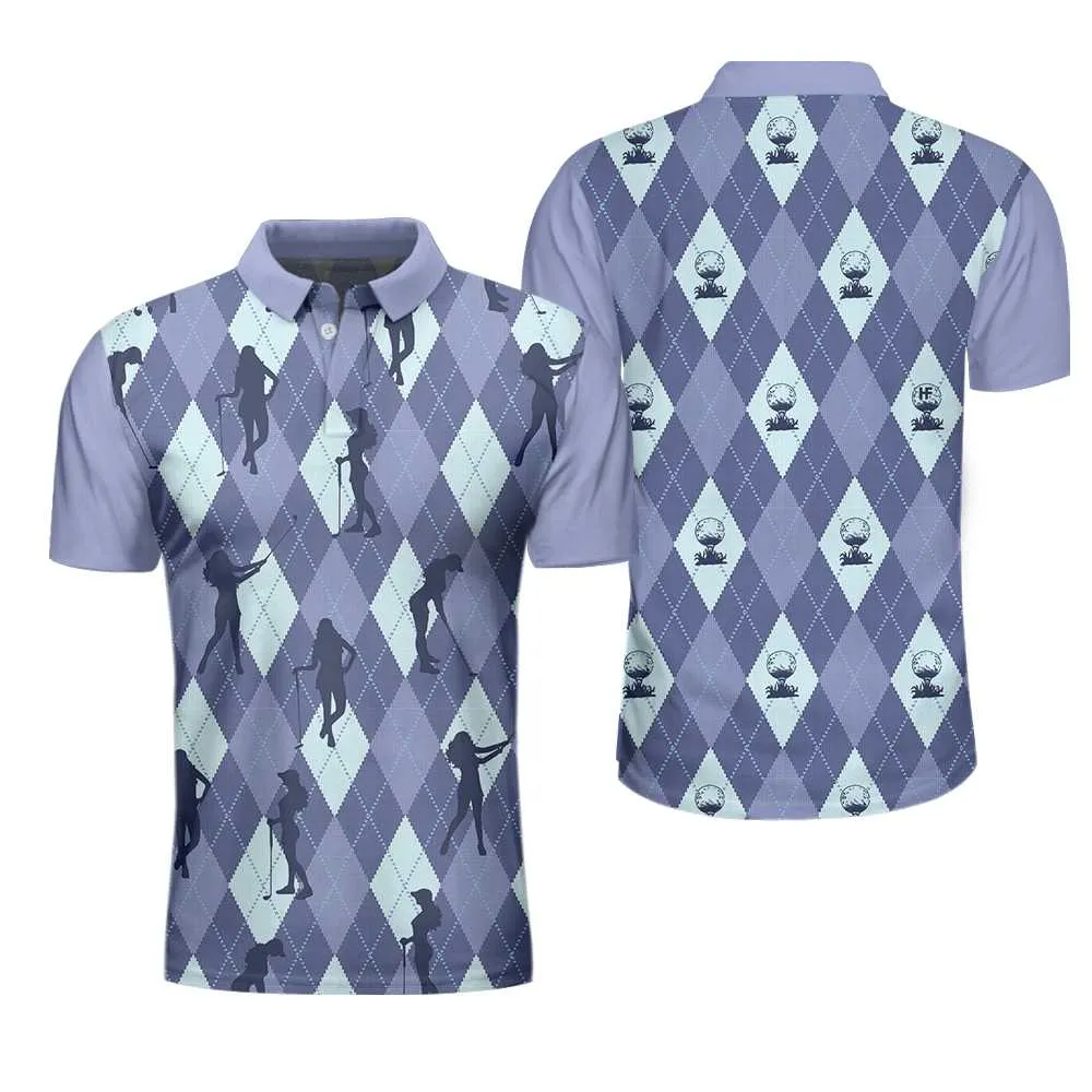 Vintage Blue Palatte Girl Golf Polo Shirt, Argyle Pattern Girl Golfer Silhouette Polo Shirt, Fun Golf Shirt For Men Coolspod