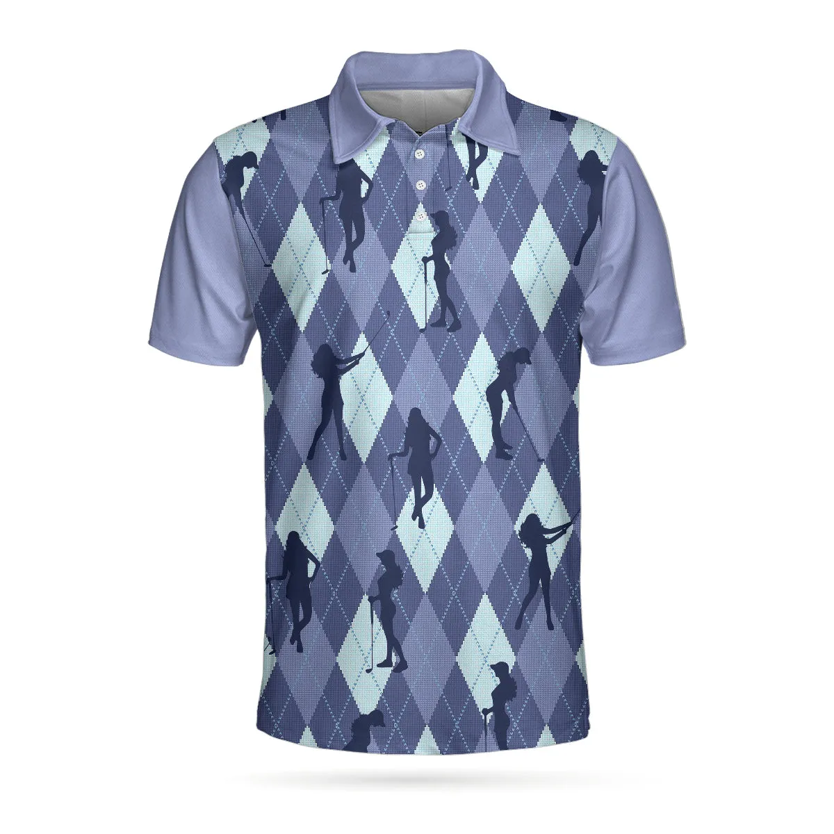 Vintage Blue Palatte Girl Golf Polo Shirt, Argyle Pattern Girl Golfer Silhouette Polo Shirt, Fun Golf Shirt For Men Coolspod