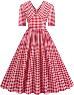 Vintage Dress for Women Semi-Formal 1950s Polka Dots V-Neck Swing A-Line Rockabilly Midi Dresses Garden Party Dresses