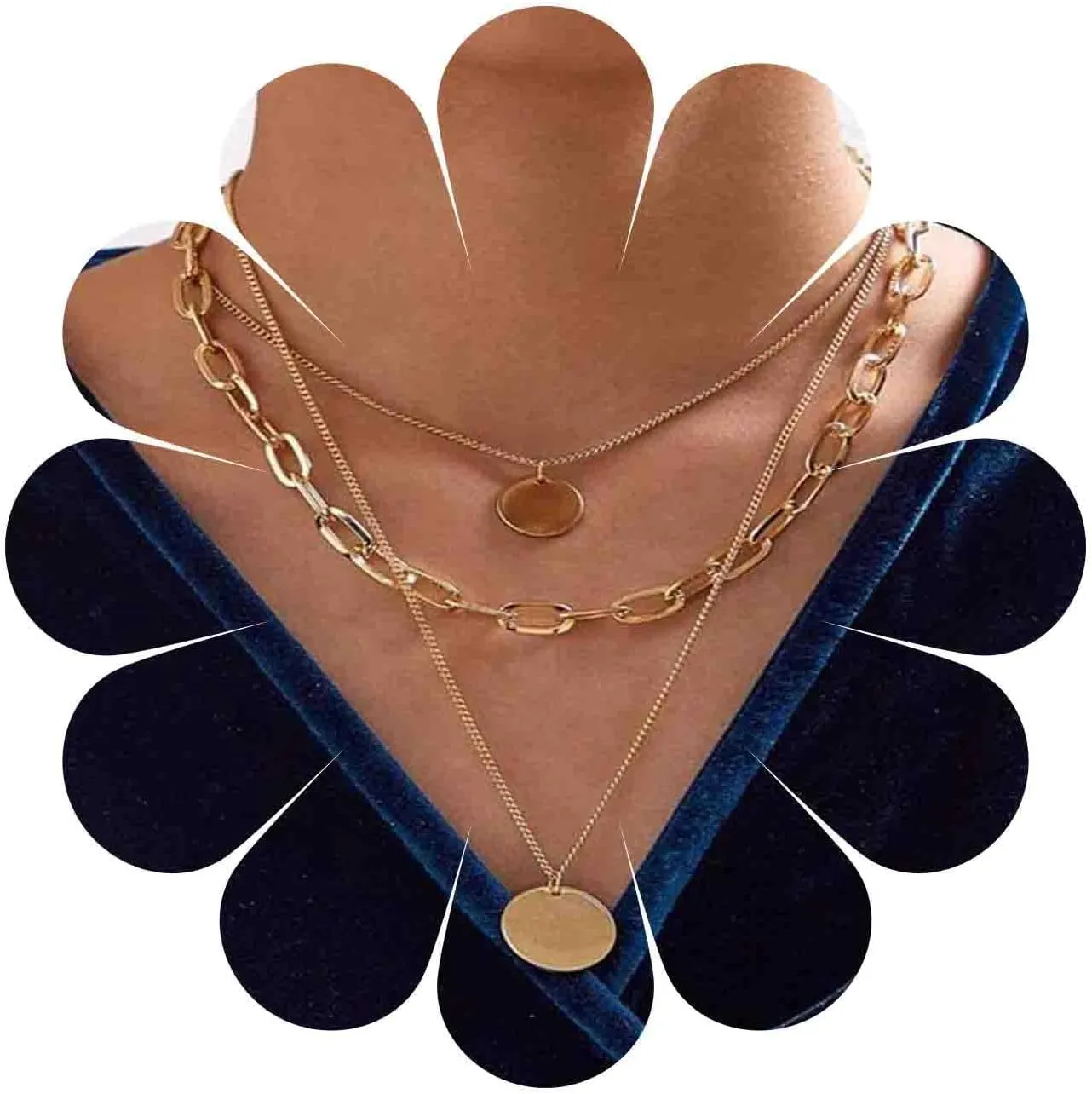 Vintage Layered Paperclip Chain Necklace Gold Coin Disc Pendant Necklace Punk Thick Chain Necklace Multiple Layering Chain Necklace Jewelry for Women