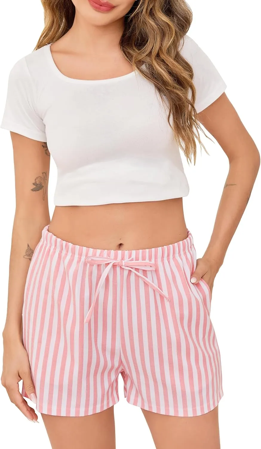 Vlazom Sleep Shorts for Women Pajamas Shorts Cute Stripe Shorts Sleep Boxer Shorts with Pocket S-XXL