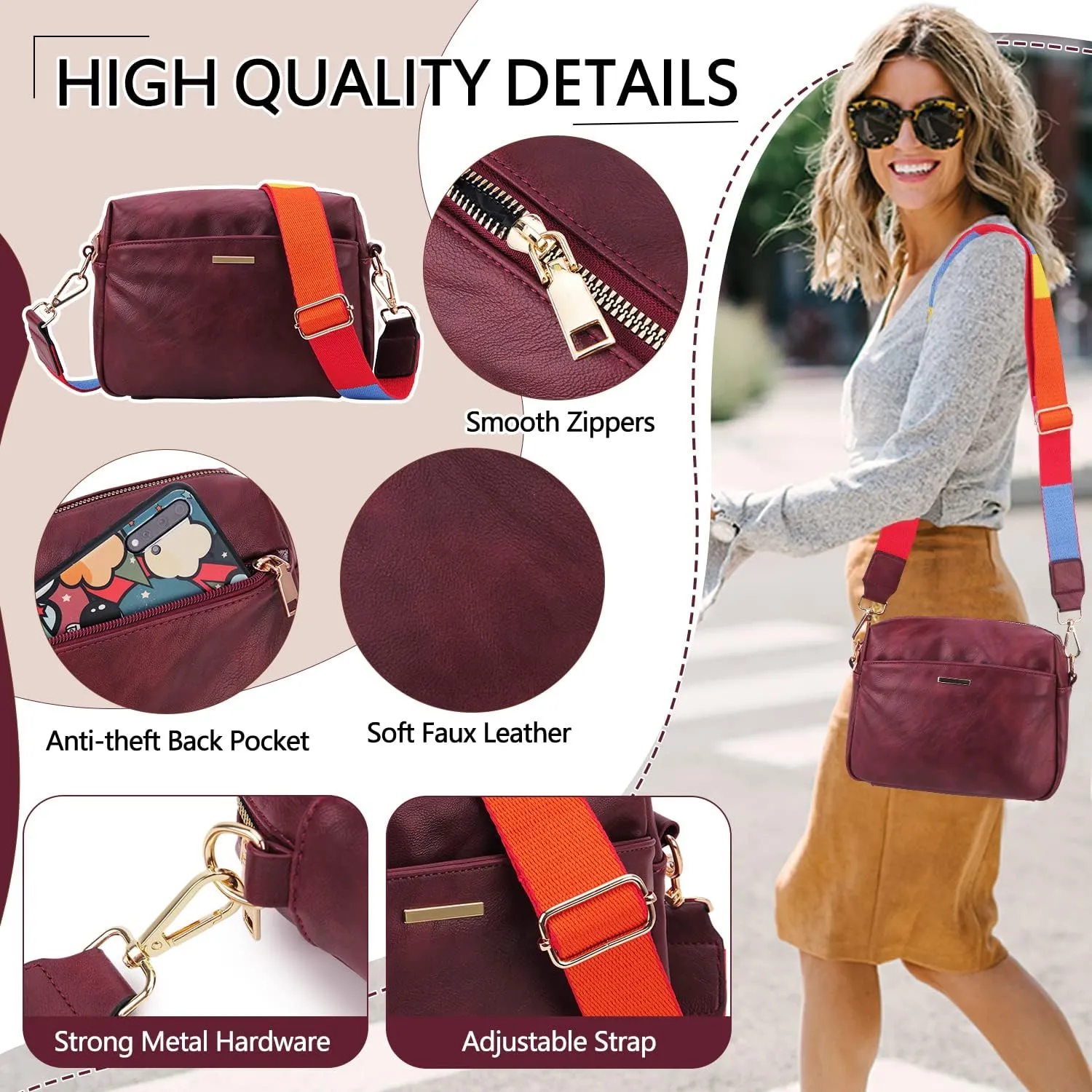 VX VONXURY Small Crossbody Bags for Women, Vegan Soft Pu Leather Triple Zipper Purse Handbags