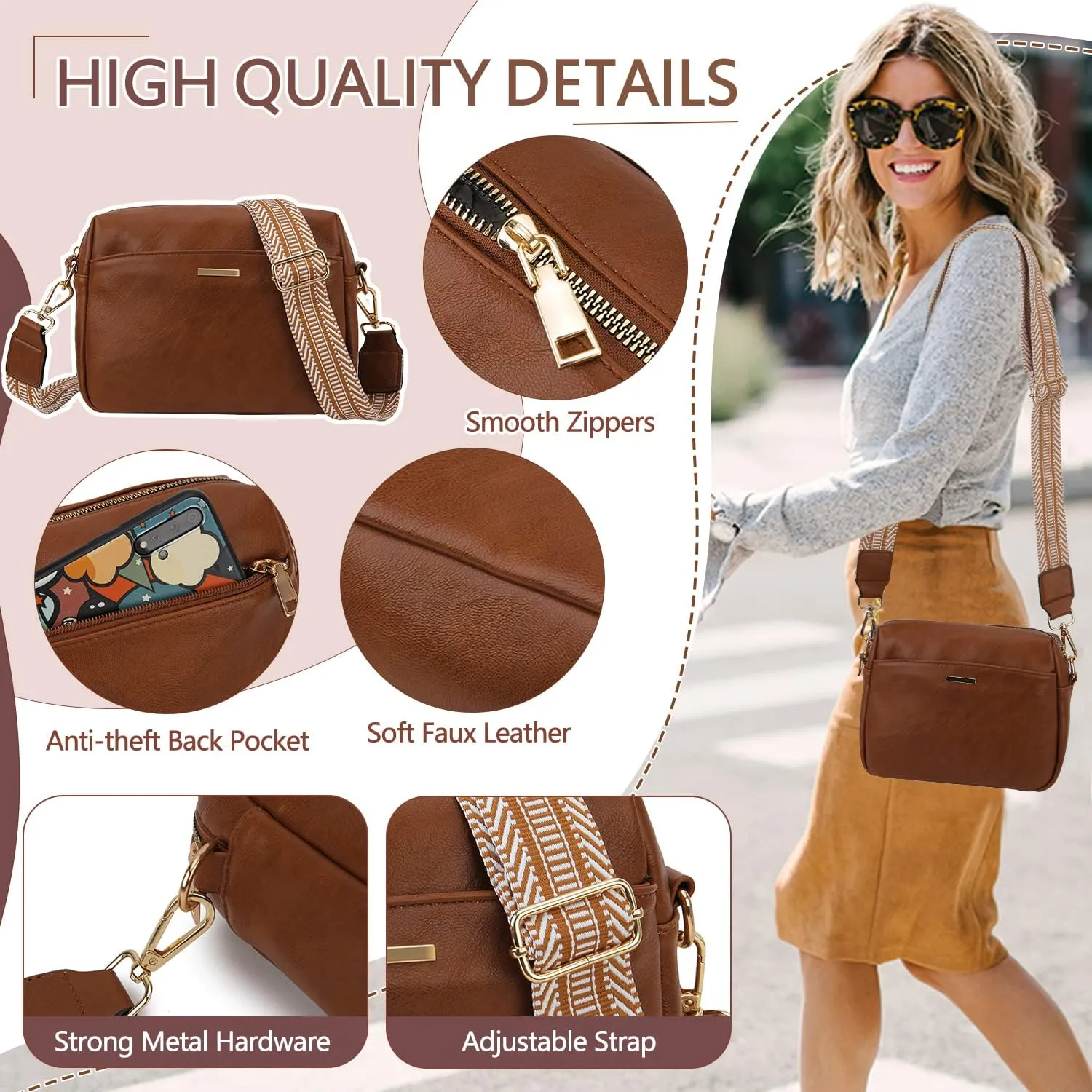 VX VONXURY Small Crossbody Bags for Women, Vegan Soft Pu Leather Triple Zipper Purse Handbags