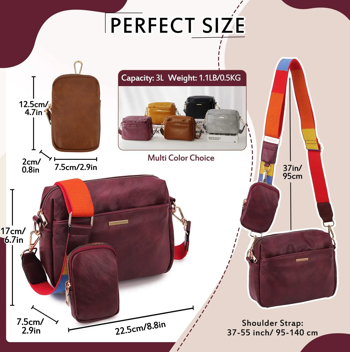 VX VONXURY Small Crossbody Bags for Women, Vegan Soft Pu Leather Triple Zipper Purse Handbags