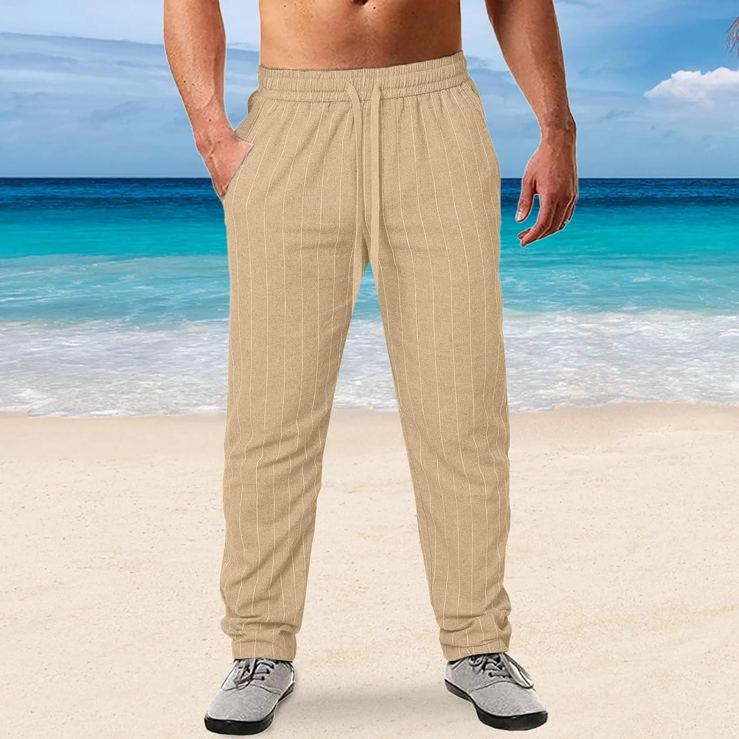Wankang Men's Stripe Linen Cotton Pants Casual Relaxed Fit Lightweight Joggers Sweatpants Lounge Trousers Beach Pants for Men