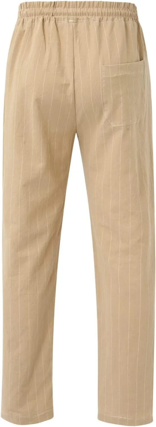 Wankang Men's Stripe Linen Cotton Pants Casual Relaxed Fit Lightweight Joggers Sweatpants Lounge Trousers Beach Pants for Men