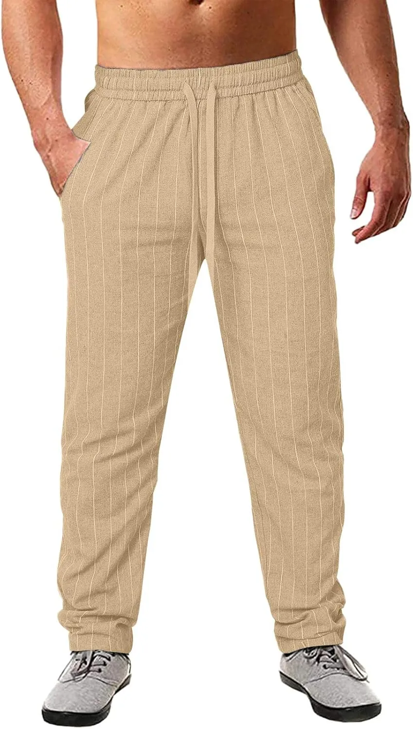 Wankang Men's Stripe Linen Cotton Pants Casual Relaxed Fit Lightweight Joggers Sweatpants Lounge Trousers Beach Pants for Men
