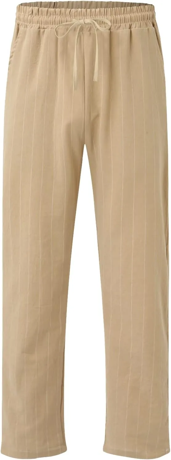 Wankang Men's Stripe Linen Cotton Pants Casual Relaxed Fit Lightweight Joggers Sweatpants Lounge Trousers Beach Pants for Men