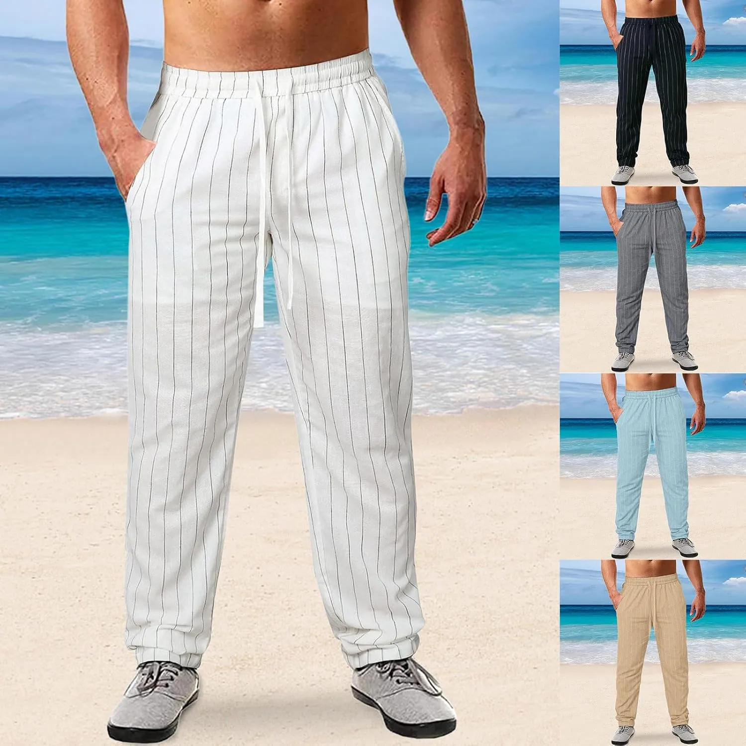 Wankang Men's Stripe Linen Cotton Pants Casual Relaxed Fit Lightweight Joggers Sweatpants Lounge Trousers Beach Pants for Men
