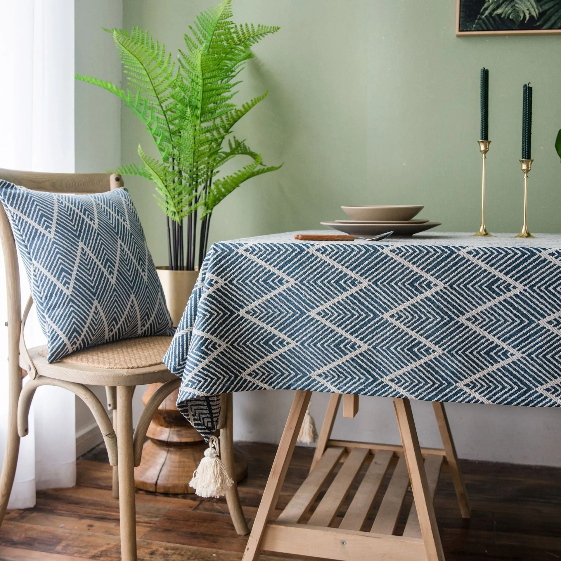 Waterproof Jacquard Tassel Navy Blue Tablecloth Rectangular Table Cloth