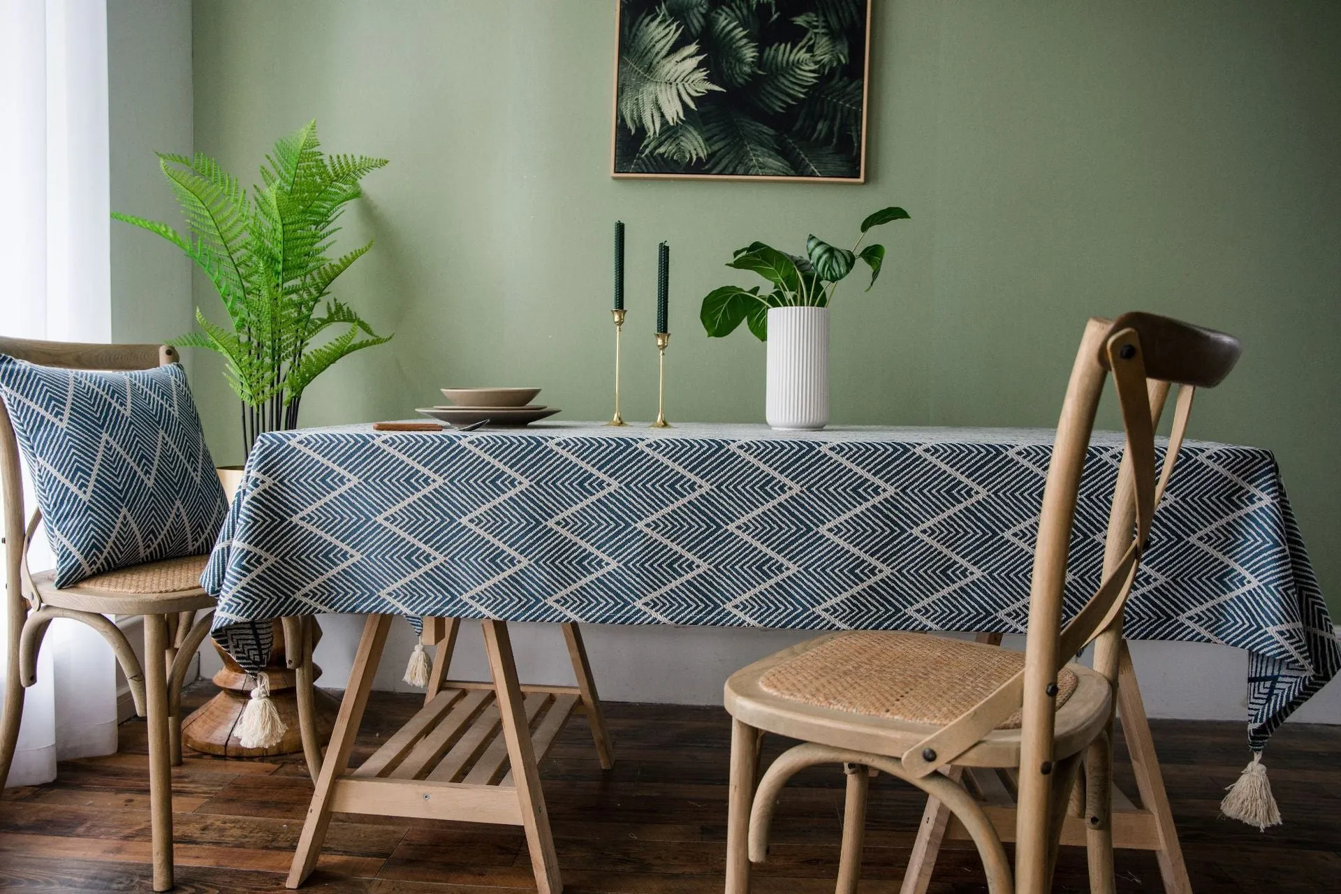 Waterproof Jacquard Tassel Navy Blue Tablecloth Rectangular Table Cloth