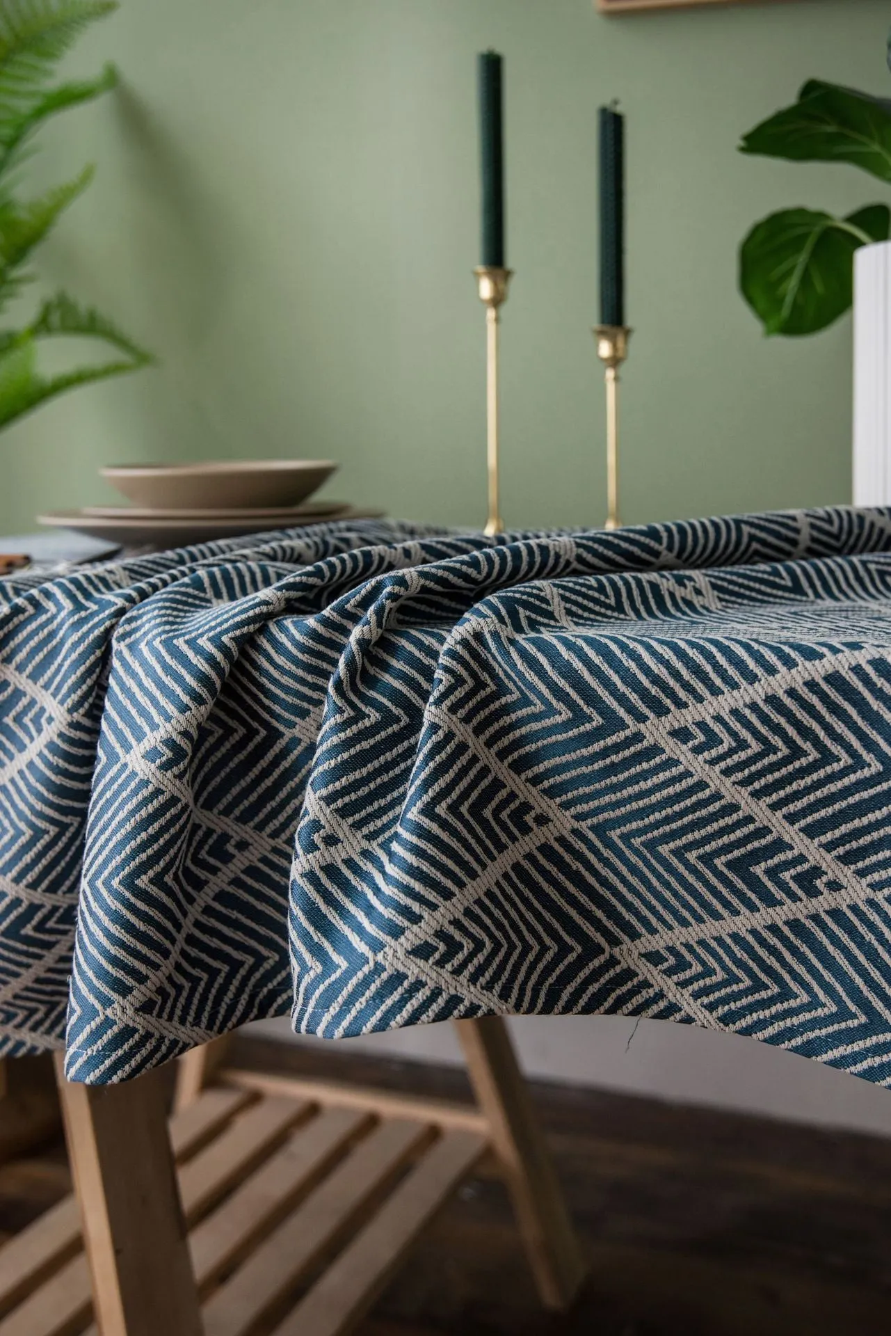 Waterproof Jacquard Tassel Navy Blue Tablecloth Rectangular Table Cloth