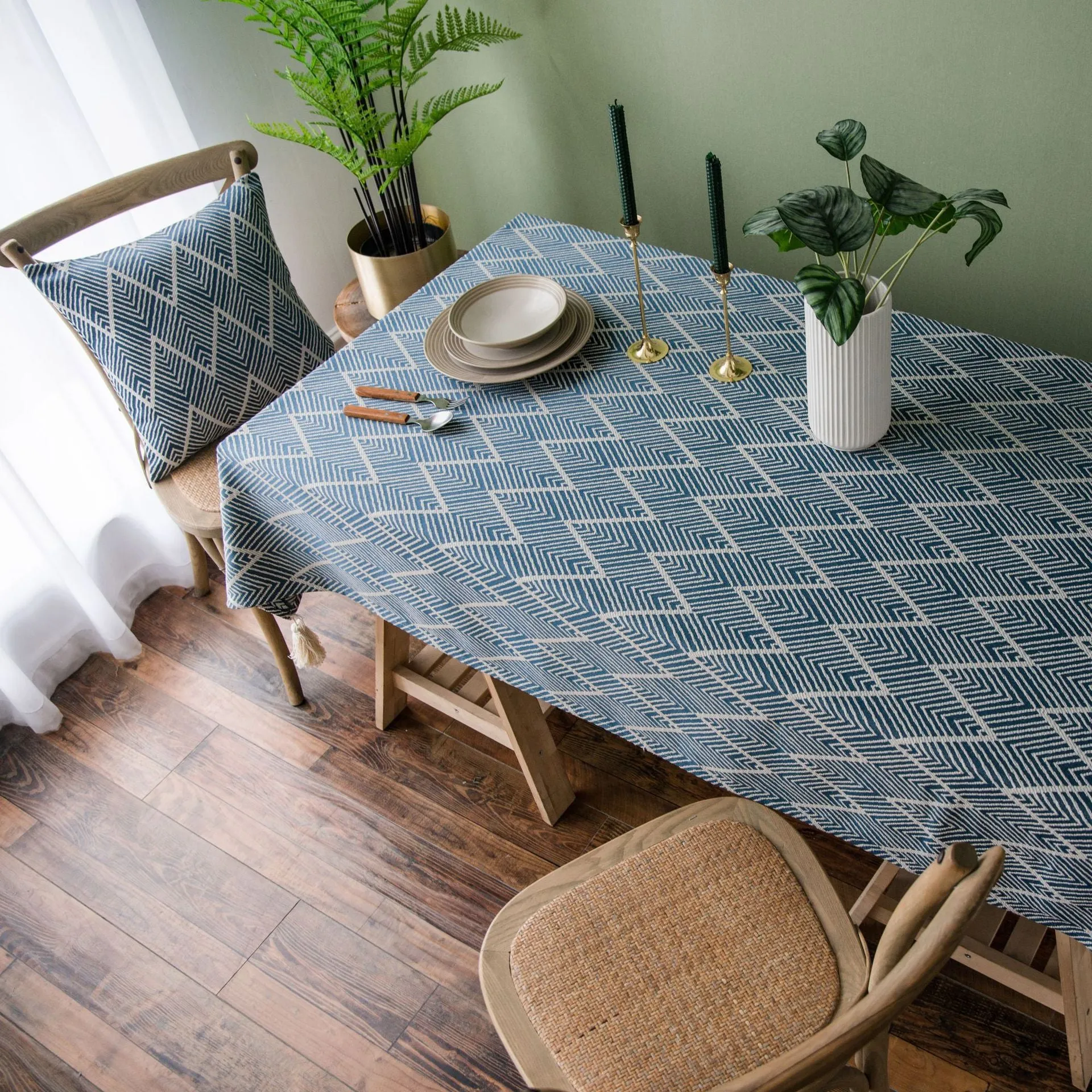 Waterproof Jacquard Tassel Navy Blue Tablecloth Rectangular Table Cloth