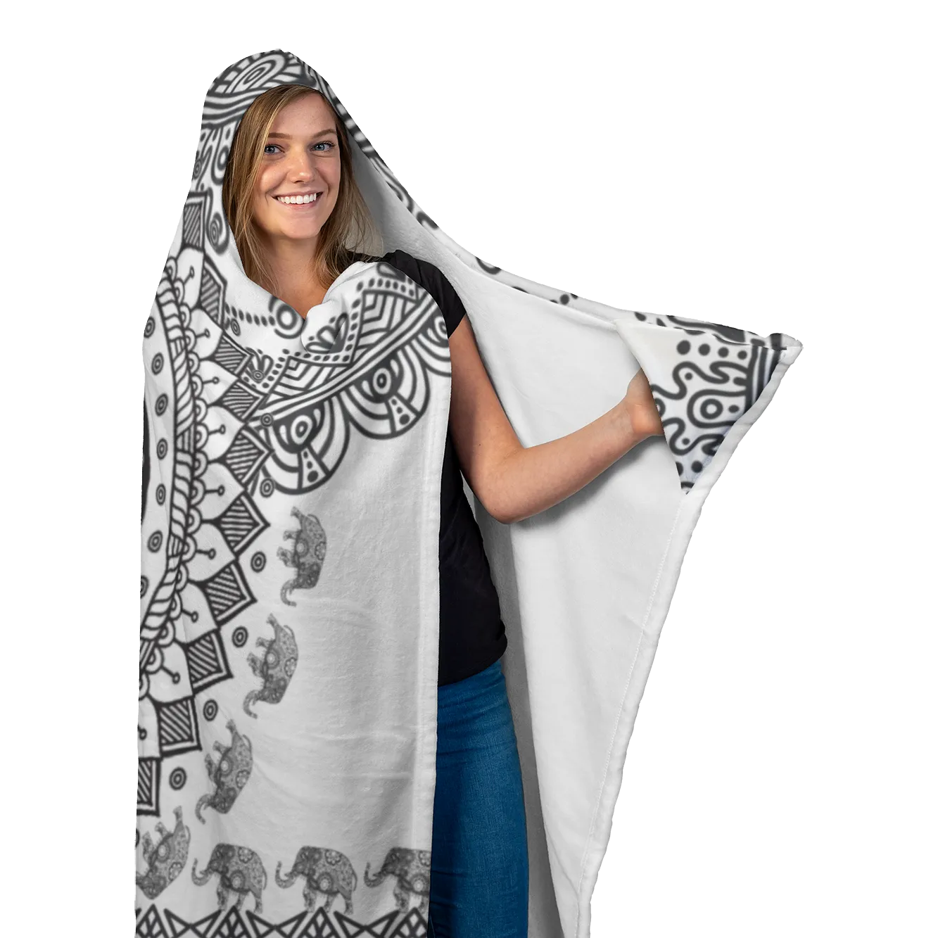 White Black Peace and Mandala Hooded Blanket