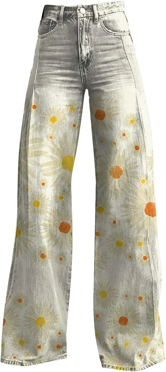 Wide Leg Flare Jeans for Women Vintage Floral Print Baggy Bell Bottom Jean Baggy Retro Boyfriend Flower Denim Pants