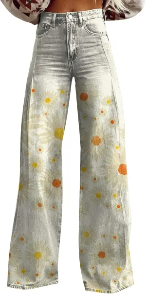 Wide Leg Flare Jeans for Women Vintage Floral Print Baggy Bell Bottom Jean Baggy Retro Boyfriend Flower Denim Pants