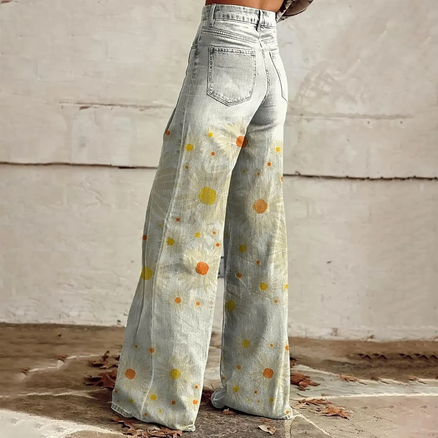 Wide Leg Flare Jeans for Women Vintage Floral Print Baggy Bell Bottom Jean Baggy Retro Boyfriend Flower Denim Pants