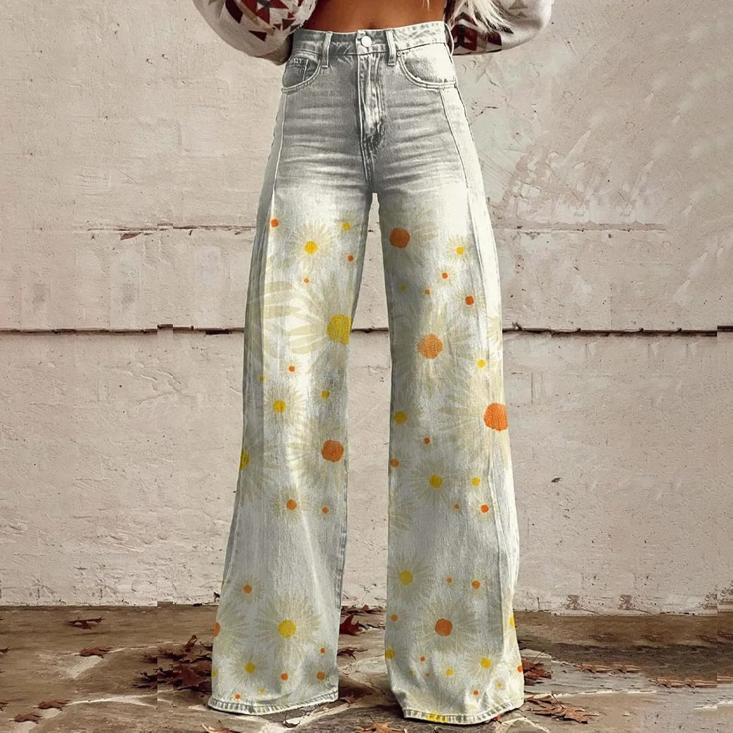 Wide Leg Flare Jeans for Women Vintage Floral Print Baggy Bell Bottom Jean Baggy Retro Boyfriend Flower Denim Pants