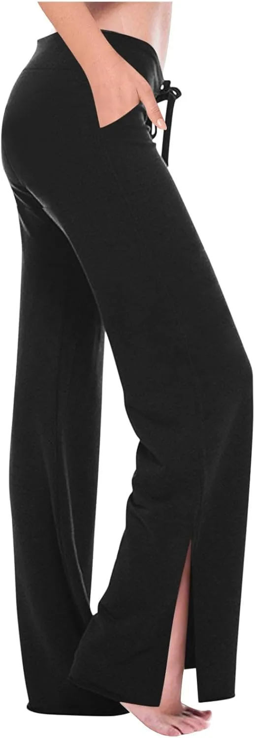 Wide Leg Side Slit Pants Woman High Waist Yoga Pants with Pockets Loose Stretch Dress Work Sweatpants Casual Lounge