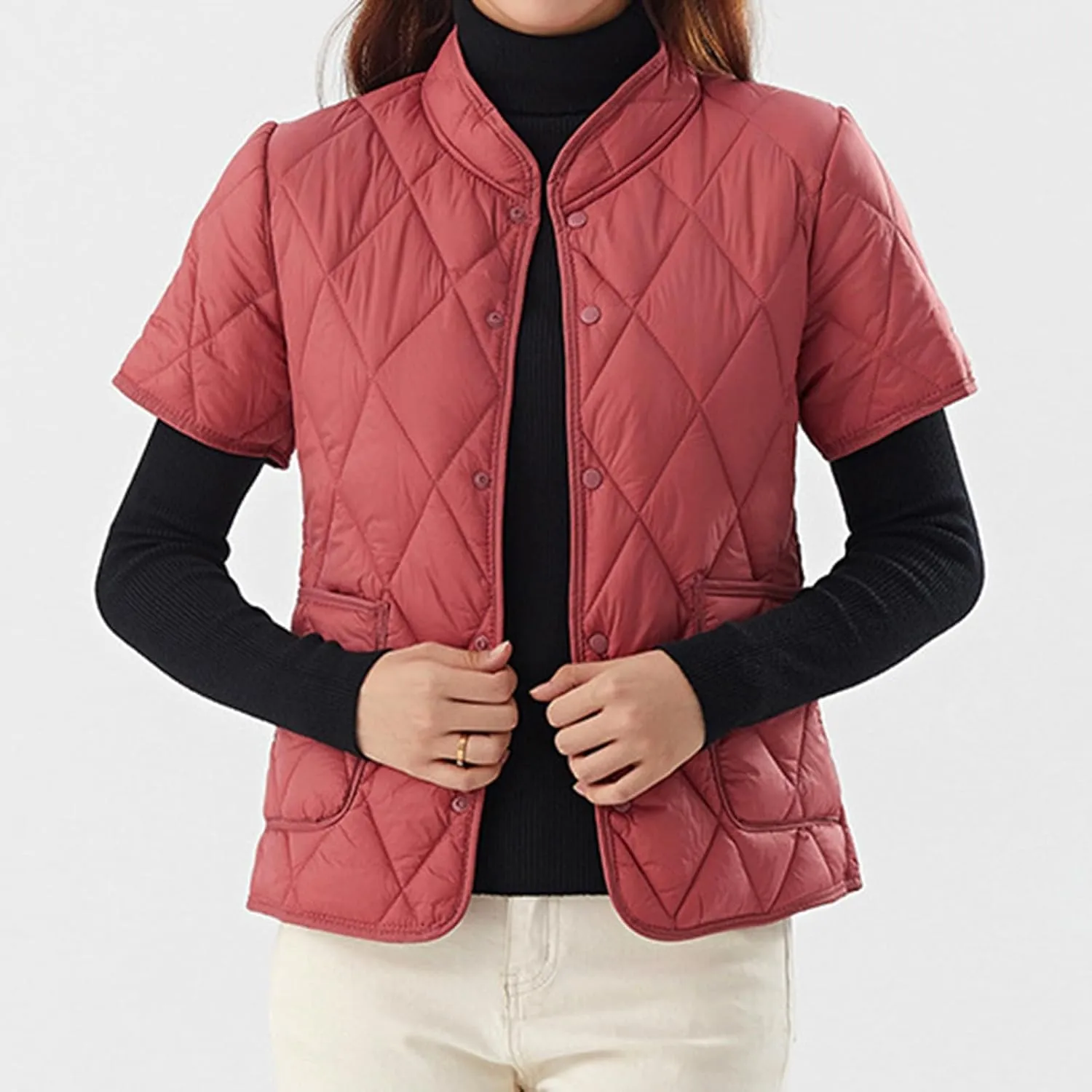 Winter Coats Womens Lightweight Short Sleeve Two Pockets Down Jacket (Available In Plus Size) Women Lightweight