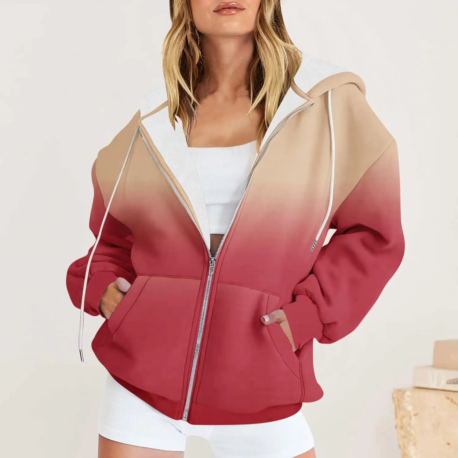 Winter Jackets for Women 2024 Fashion Gradient Cardigan Jacket Long Sleeve Drawstring Hooded Coats Zipper Pockets