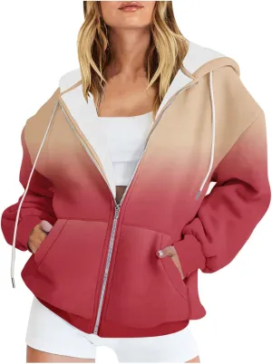 Winter Jackets for Women 2024 Fashion Gradient Cardigan Jacket Long Sleeve Drawstring Hooded Coats Zipper Pockets