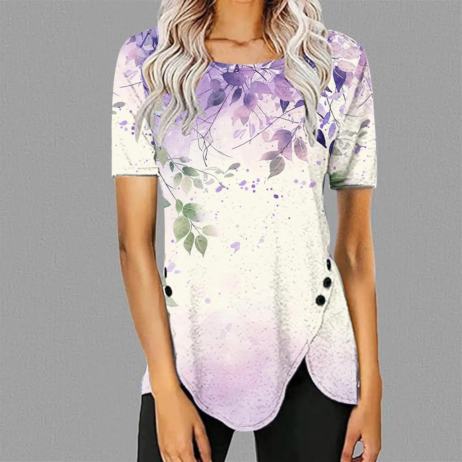 Women 2024 Short Sleeve Summer Shirts Floral Print Fitted Causal Tshirts Boho Blouses Tunics Dressy Trendy Clothes