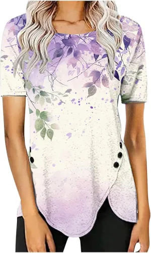 Women 2024 Short Sleeve Summer Shirts Floral Print Fitted Causal Tshirts Boho Blouses Tunics Dressy Trendy Clothes