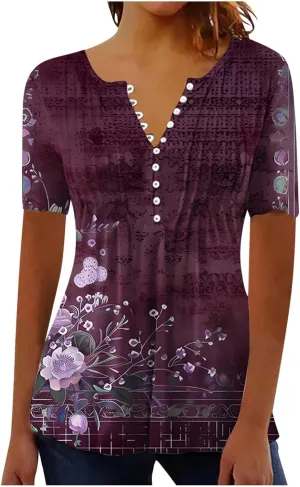 Women 2025 Spring Blouses Tops Floral Short Sleeve Boho T Shirts Dressy Casual Tunic Beach Vacation Ladies Clothing
