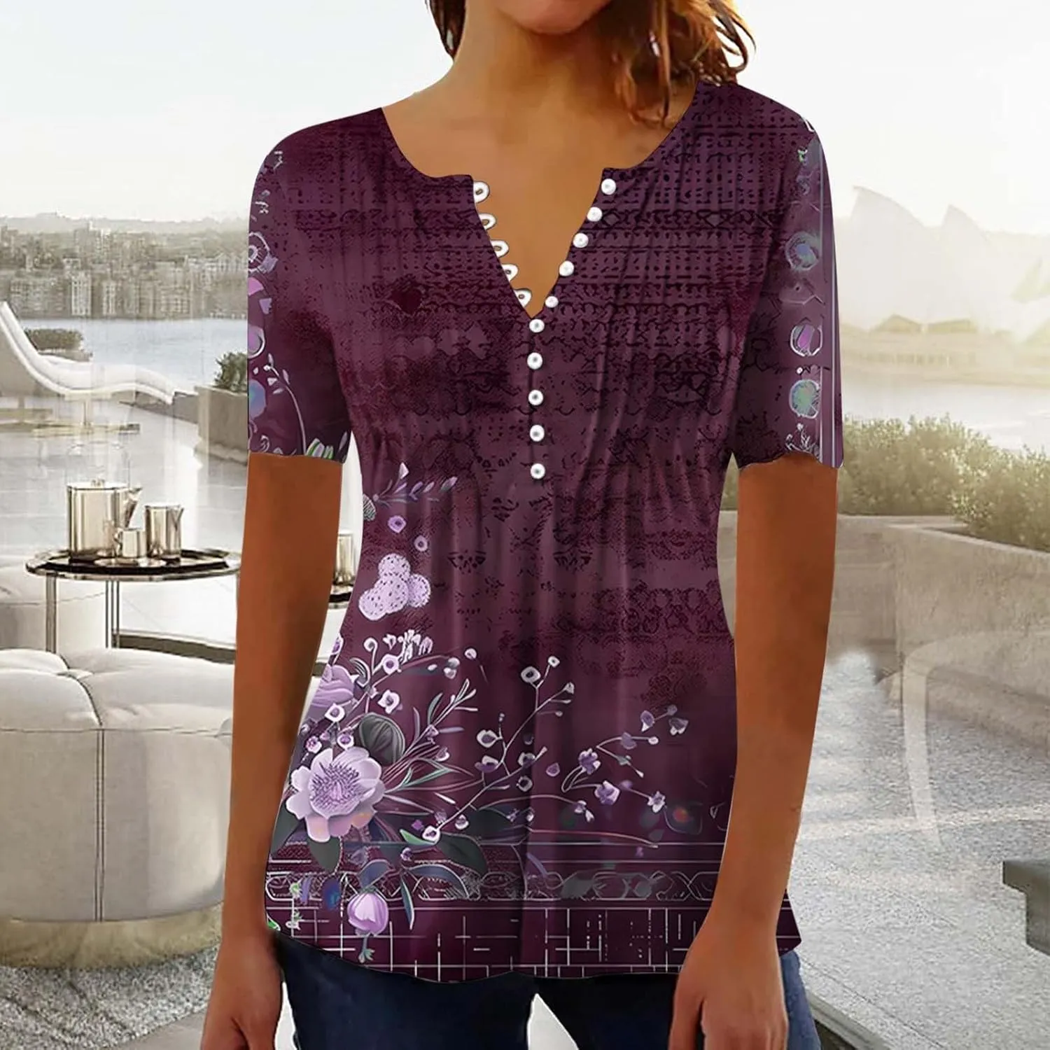 Women 2025 Spring Blouses Tops Floral Short Sleeve Boho T Shirts Dressy Casual Tunic Beach Vacation Ladies Clothing