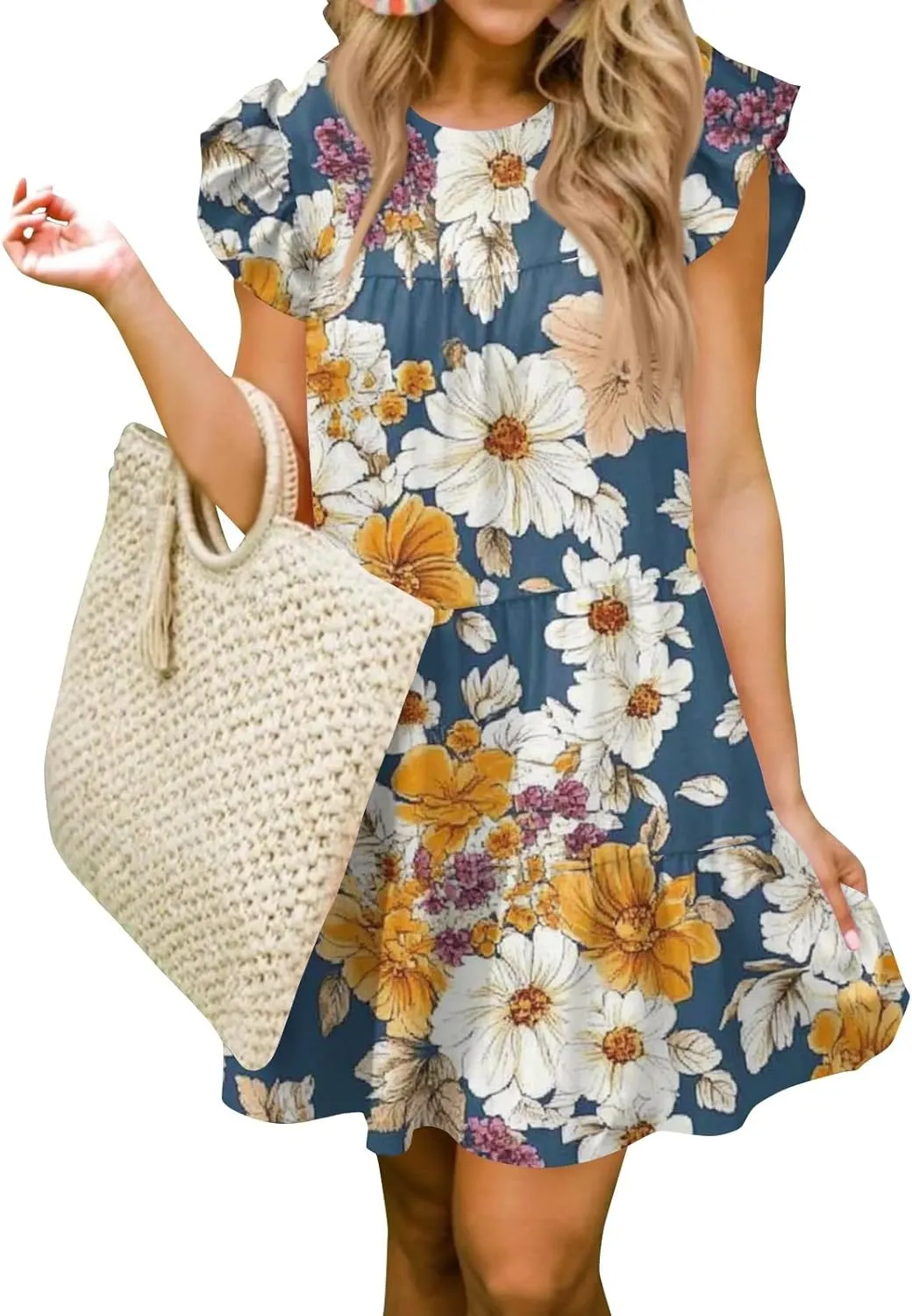 Women Babydoll Summer Casual Crew Neck Ruffle Sleeve Sleeveless Flowy Mini Short Tunic Dress Floral Print Pleated Dress1-Blue,XX-Large