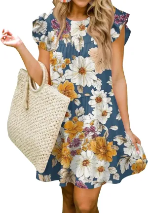 Women Babydoll Summer Casual Crew Neck Ruffle Sleeve Sleeveless Flowy Mini Short Tunic Dress Floral Print Pleated Dress1-Blue,XX-Large