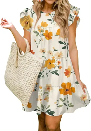 Women Babydoll Summer Casual Crew Neck Ruffle Sleeve Sleeveless Flowy Mini Short Tunic Dress Floral Print Pleated Dress2-Yellow,Small