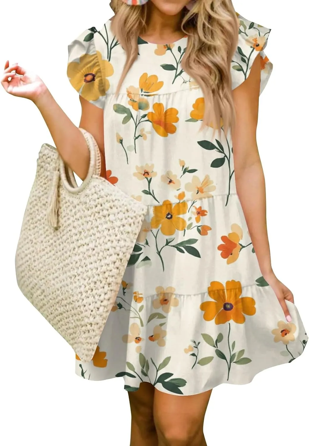 Women Babydoll Summer Casual Crew Neck Ruffle Sleeve Sleeveless Flowy Mini Short Tunic Dress Floral Print Pleated Dress2-Yellow,Small