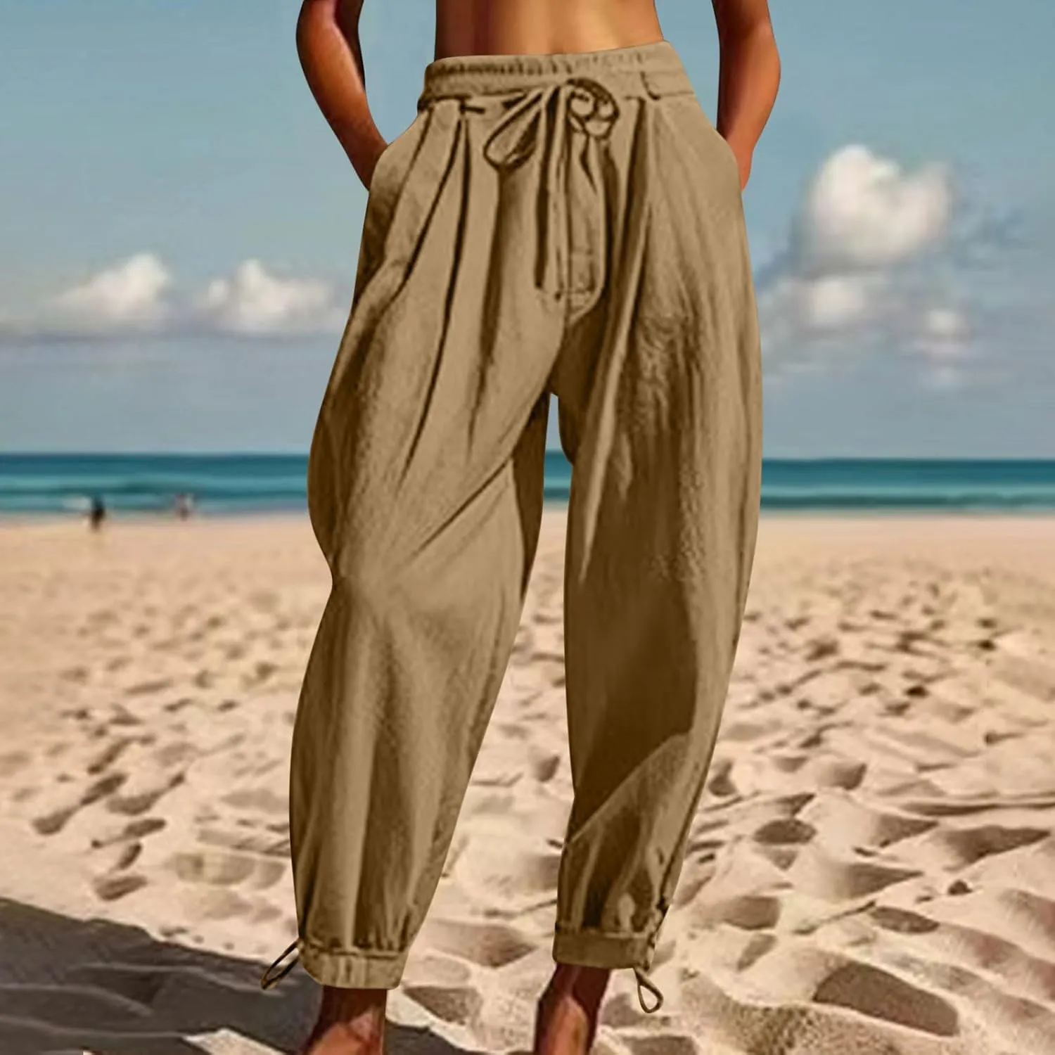 Women Baggy Harem Pants Solid Color Drawstring Elastic Waist Beach Yoga Trouser Casual Fashion Comfy Soft Loose Pant