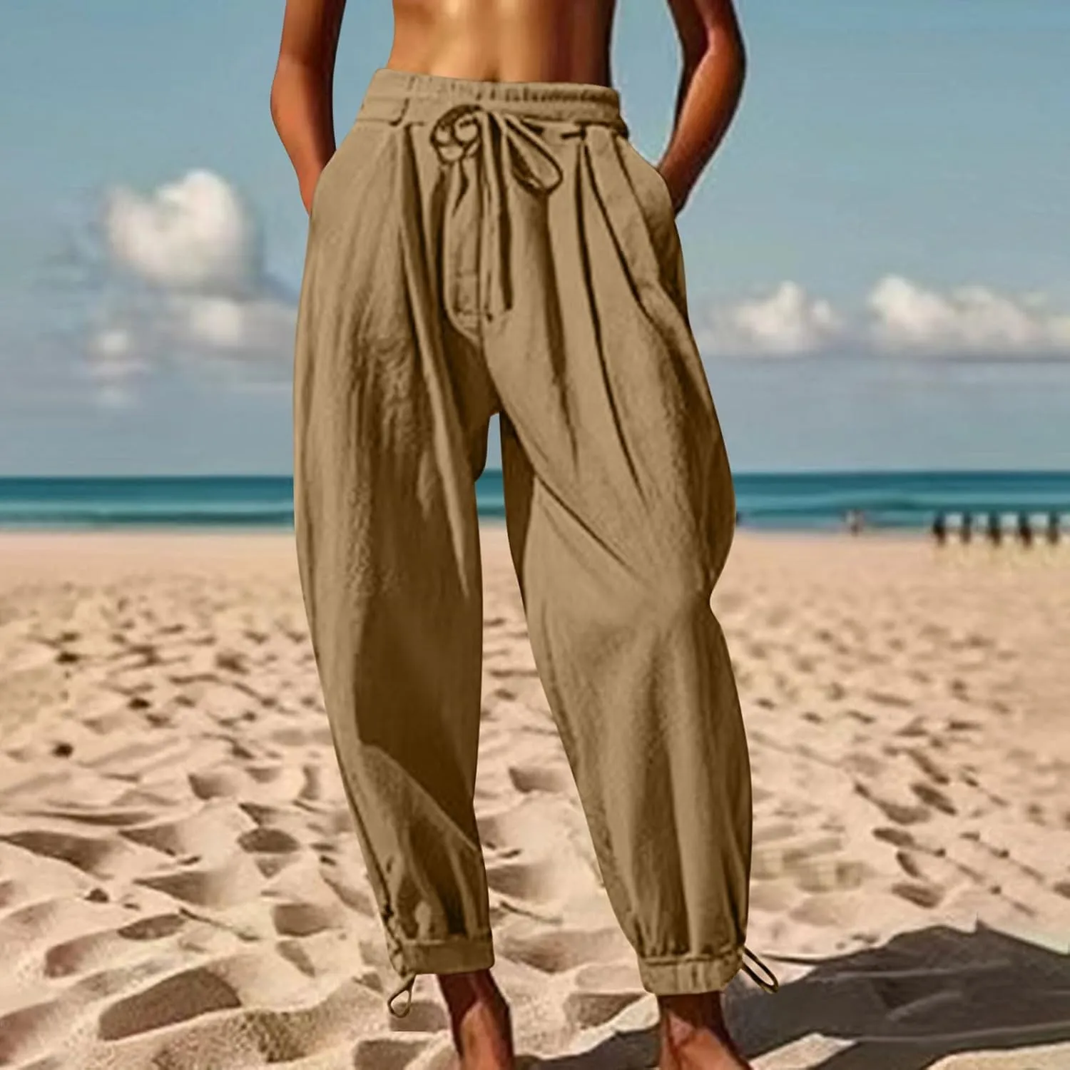 Women Baggy Harem Pants Solid Color Drawstring Elastic Waist Beach Yoga Trouser Casual Fashion Comfy Soft Loose Pant