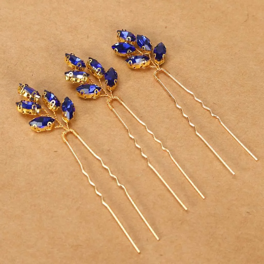 Women Birthday Party Headpieces Red Rhinestones Evening Prom Costume 3pcs Hairpins Pageant Banquet Cocktail Hair Accessory,Roayl Blue