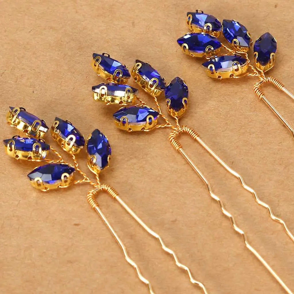 Women Birthday Party Headpieces Red Rhinestones Evening Prom Costume 3pcs Hairpins Pageant Banquet Cocktail Hair Accessory,Roayl Blue
