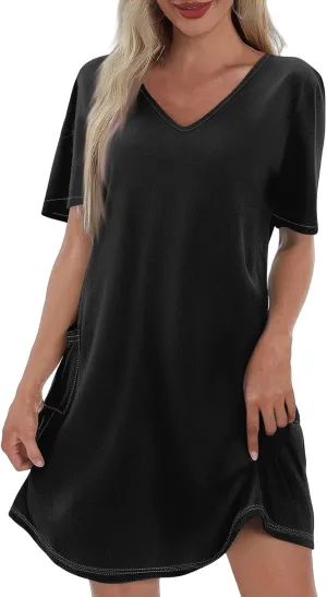 Women Boho Casual Beach Dress Summer Round Neck Short Sleeve Tshirt Dress Comfy Loose Fit A Line Dress with Pockets