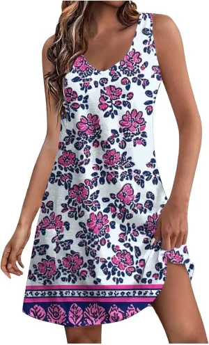 Women Boho Tank Dress 2025 Sleeveless Tunic Mini Dresses Floral Print Sundress Beach Resort Wear Short