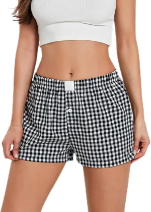 Women Boxer Shorts Stripe Plaid Print Elastic Mid Rise Lounge Shorts Comfy Pajama Shorts Y2K Gingham Shorts Streetwear