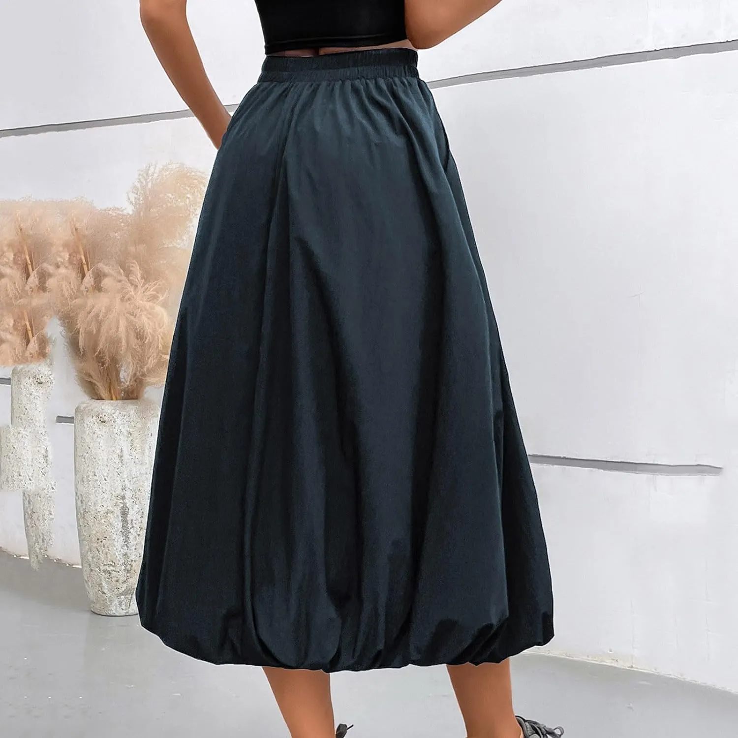 Women Casual Midi Skirts Summer Casual Trendy Solid Color Elastic Hight Waist Skirt Flowy A-Line Skirts with Pockets