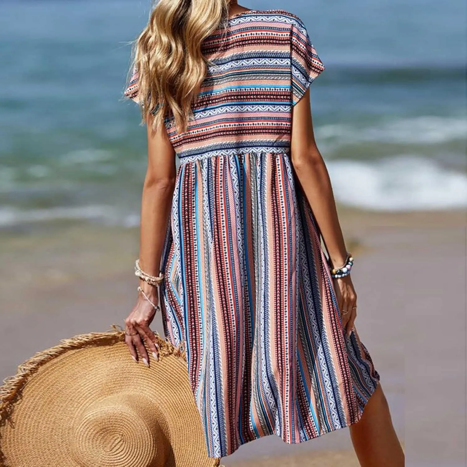 Women Casual Spring Summer Dresses V Neck Short Sleeve Vintage Striped Floral Boho Babydoll Swing Mini Beach Dress