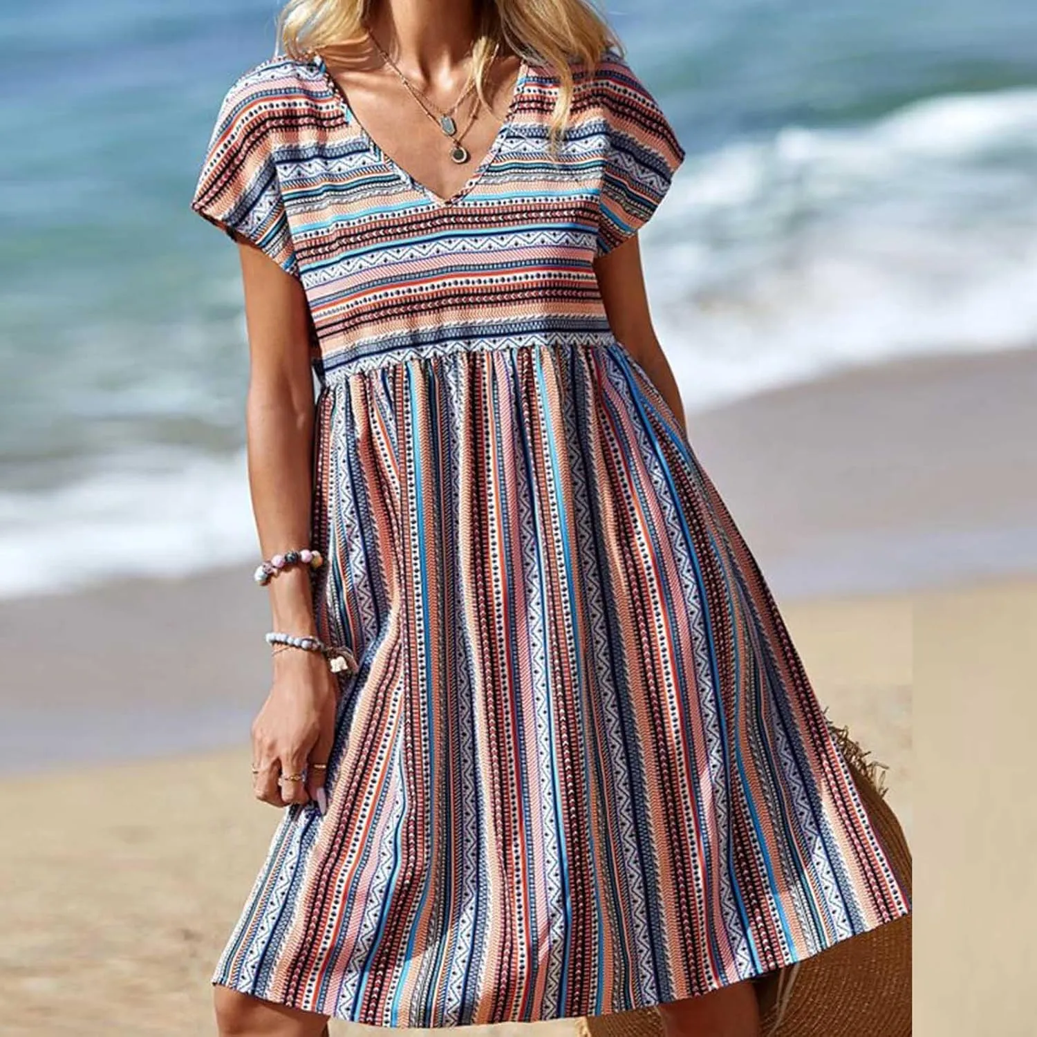 Women Casual Spring Summer Dresses V Neck Short Sleeve Vintage Striped Floral Boho Babydoll Swing Mini Beach Dress