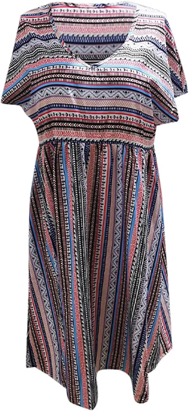 Women Casual Spring Summer Dresses V Neck Short Sleeve Vintage Striped Floral Boho Babydoll Swing Mini Beach Dress