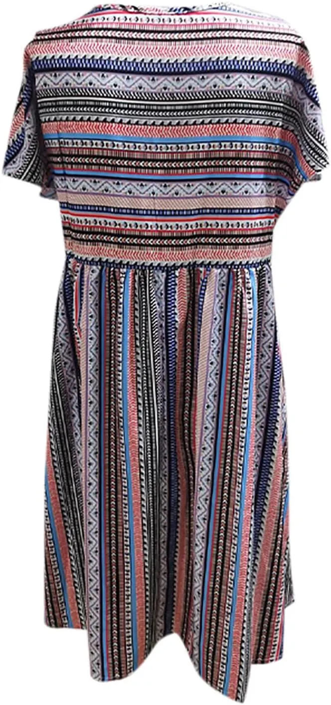 Women Casual Spring Summer Dresses V Neck Short Sleeve Vintage Striped Floral Boho Babydoll Swing Mini Beach Dress